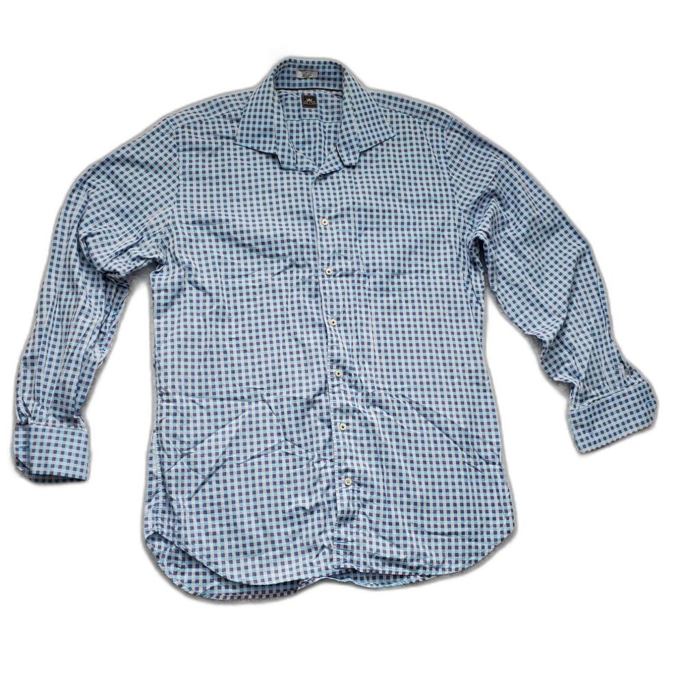 Peter Millar Mens button-up shirt Size 17 Blue Check Classic Fit Long Sleeve
